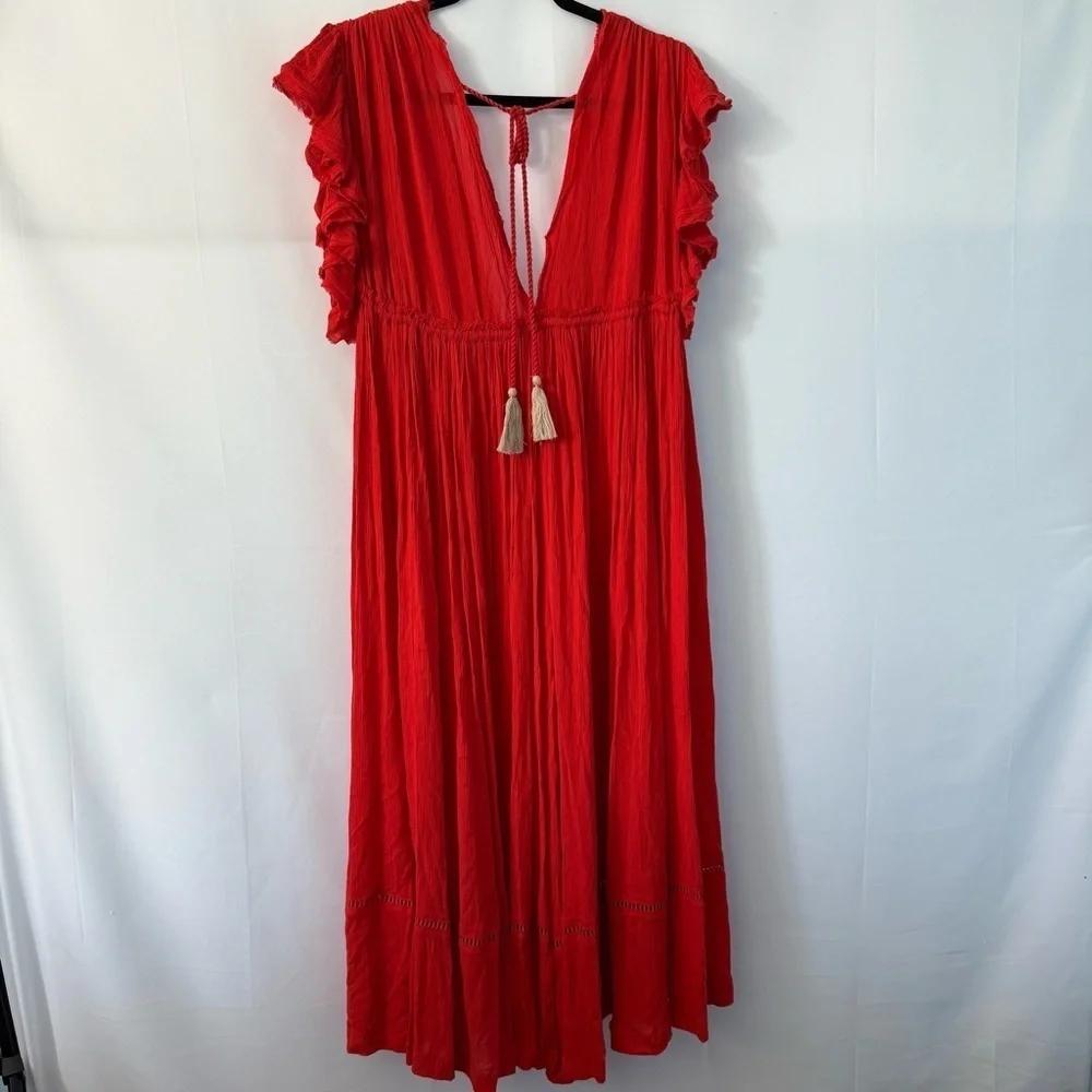 Free People Bali Will Wait For You Boho V Neck Midi Dress Red Embroidered Size S